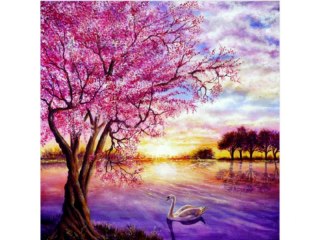 Haft Diamentowy, Obraz, Mozaika Diamentowa Diamond Painting, ZACHÓD SŁOŃCA NAD JEZIOREM 30x30cm DK