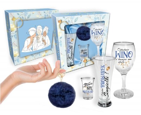 NIEZBĘDNIK PANIEŃSKI-zestaw: szklanka do piwa 300ml, kieliszek do wina 220ml, kieliszek do wódki 35ml + brelok granat Boss of toys