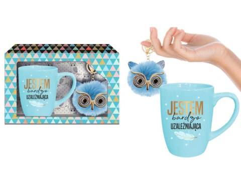 Kubek-Jestem bardzo uzależniająca - zestaw kubek Baryłka pastel 300ml niebieski + brelok sówka BGtech Kubek-Jestem bardzo uzależniająca - zestaw kubek Baryłka pastel 300ml niebieski + brelok sówka BGtech