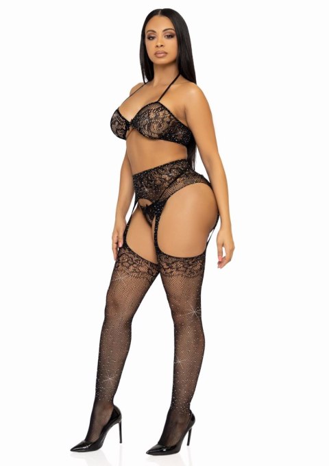 Bra Top, String And Stockings Black Leg Avenue
