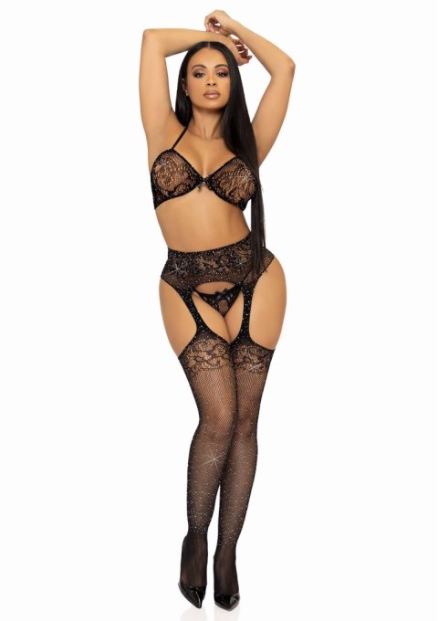 Bra Top, String And Stockings Black Leg Avenue