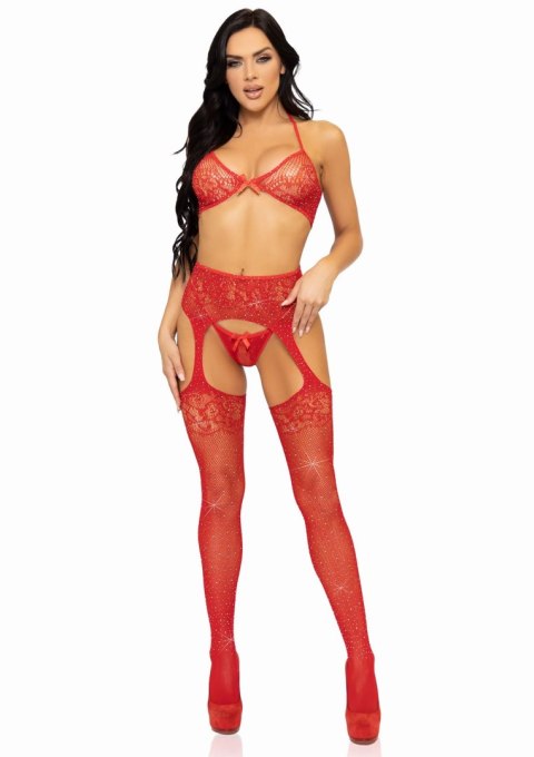 Bra Top, String And Stockings Red Leg Avenue