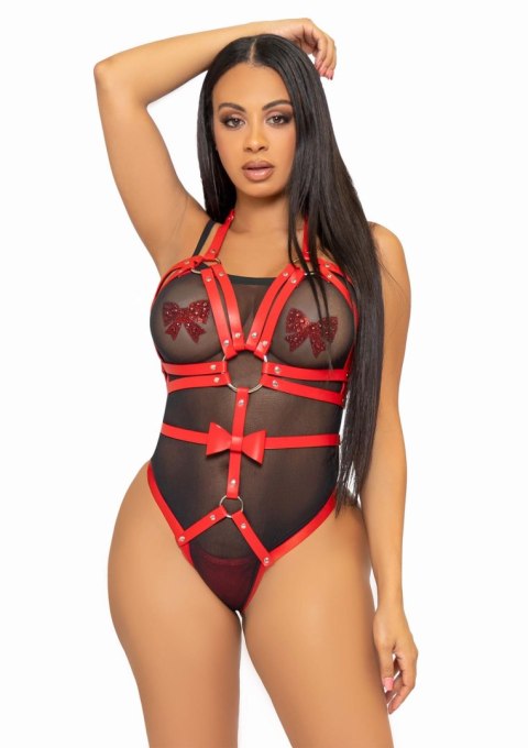 Studded O-Ring Harness Teddy Red Leg Avenue
