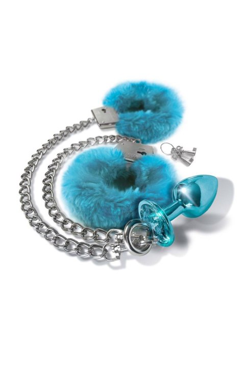 NIXIE METAL BUTT PLUG & FURRY HANDCUFF SET, MEDIUM, BLUE METALLIC Global Novelties NIXIE METAL BUTT PLUG & FURRY HANDCUFF SET, MEDIUM, BLUE METALLIC Global Novelties