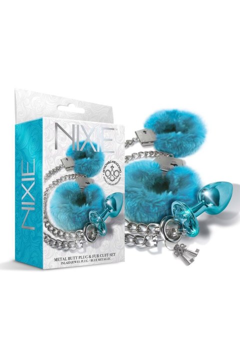 NIXIE METAL BUTT PLUG & FURRY HANDCUFF SET, MEDIUM, BLUE METALLIC Global Novelties NIXIE METAL BUTT PLUG & FURRY HANDCUFF SET, MEDIUM, BLUE METALLIC Global Novelties