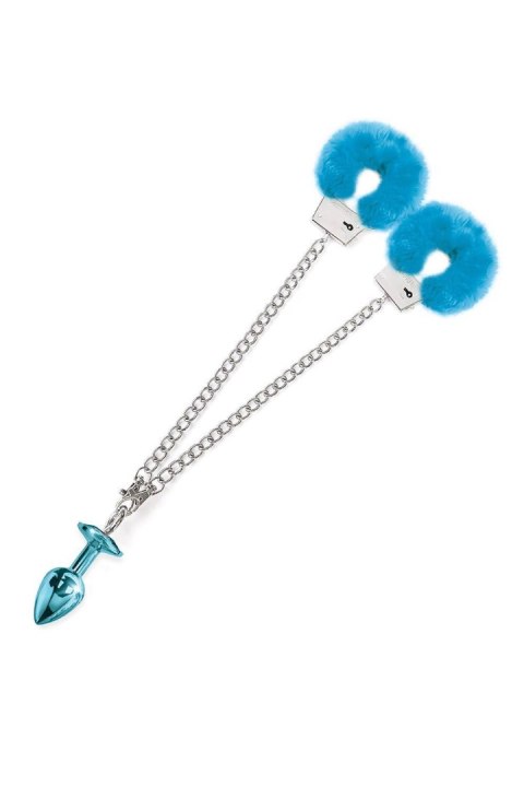 NIXIE METAL BUTT PLUG & FURRY HANDCUFF SET, MEDIUM, BLUE METALLIC Global Novelties NIXIE METAL BUTT PLUG & FURRY HANDCUFF SET, MEDIUM, BLUE METALLIC Global Novelties