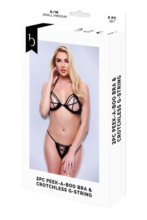 BACI 2 PCS PEEK-A-BOO BRA & CROTCHLESS G-STRING SET BLACK, S/M Baci Lingerie BACI 2 PCS PEEK-A-BOO BRA & CROTCHLESS G-STRING SET BLACK, S/M Baci Lingerie