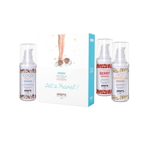 LET'S TRAVEL! Warming gourmet massage oils (Strawberry, Hot Vanilla, Coconut) 3 x 30ml Exsens LET'S TRAVEL! Warming gourmet massage oils (Strawberry, Hot Vanilla, Coconut) 3 x 30ml Exsens