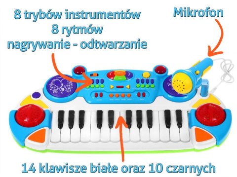 Niebieski zestaw muzyczny Keyboard + Werble + Mikrofon dla dzieci 3+ Światła + Dźwięki 2 oktawy Niebieski zestaw muzyczny Keyboard + Werble + Mikrofon dla dzieci 3+ Światła + Dźwięki 2 oktawy