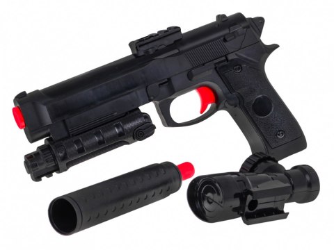 Pistolet z akcesoriami dla dzieci 6+ Imitacja M92 + Tłumik + Celownik + Kulki z hydrożelem Pistolet z akcesoriami dla dzieci 6+ Imitacja M92 + Tłumik + Celownik + Kulki z hydrożelem