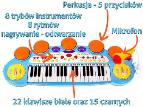 Niebieski zestaw muzyczny Keyboard + Werble + Mikrofon dla dzieci 3+ Światła + Dźwięki 3 oktawy Niebieski zestaw muzyczny Keyboard + Werble + Mikrofon dla dzieci 3+ Światła + Dźwięki 3 oktawy