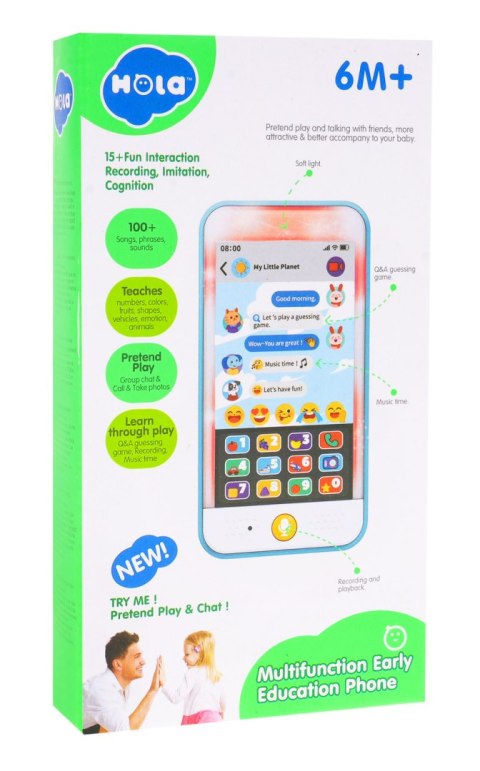 Multifunkcyjny Smartphone Hola dla dzieci 6m+ Interaktywne Przyciski + Funkcja Nagrywania + 2 Tryby zabawy Multifunkcyjny Smartphone Hola dla dzieci 6m+ Interaktywne Przyciski + Funkcja Nagrywania + 2 Tryby zabawy