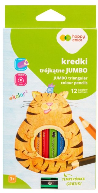 Kredki drewniane szkolne Jumbo trójkątne 12 kol. + temperówka KOLOR2