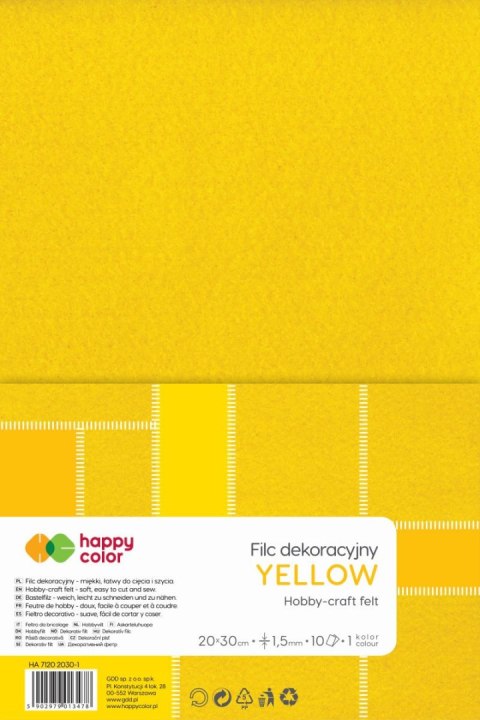 Filc dekoracyjny 20x30 cm 15 mm 10 ark. żółty Filc dekoracyjny 20x30 cm 15 mm 10 ark. żółty