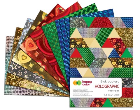 Blok HOLOGRAPHIC A4, 10 ark, 70g, 5 kolorów, 5 motywów, Happy Color Blok HOLOGRAPHIC A4, 10 ark, 70g, 5 kolorów, 5 motywów, Happy Color