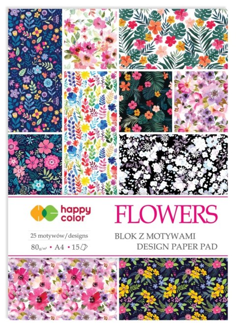 Blok z motywami FLOWERS, 80g/m2, A4, 15 ark, 25 motyw, Happy Color Blok z motywami FLOWERS, 80g/m2, A4, 15 ark, 25 motyw, Happy Color