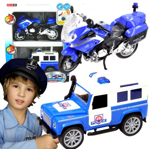 ZESTAW JEEP MOTOR POLICJA POLICJA ŚWIATŁO DŹWIĘKI DROMADER