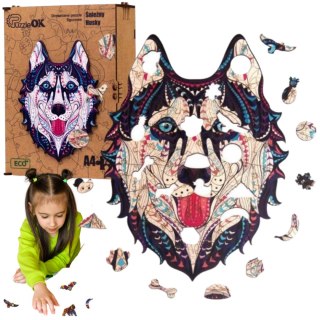 PUZZLE DREWNIANE UKŁADANKA HUSKY ŚNIEŹNY PIES PUZZLEOK