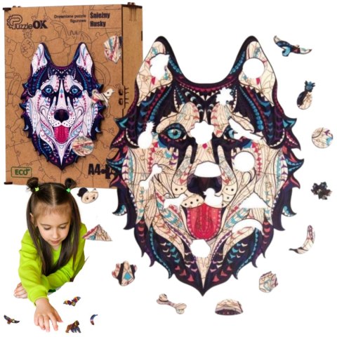 PUZZLE DREWNIANE UKŁADANKA HUSKY ŚNIEŹNY PIES PUZZLEOK