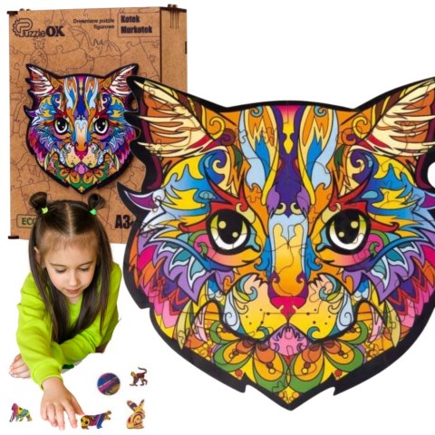 PUZZLE DREWNIANE UKŁADANKA KOT KOTEK KOLOROWY PUZZLEOK