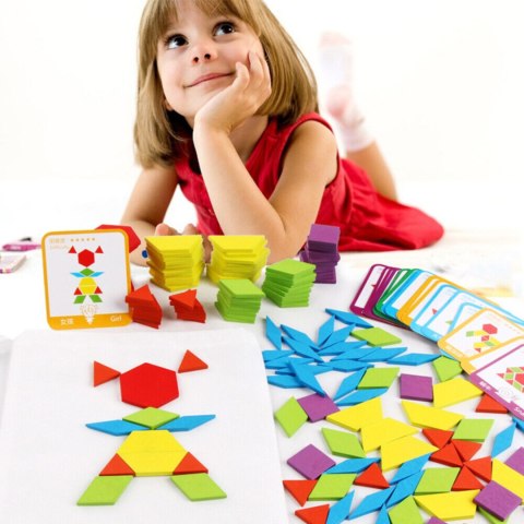 TANGRAM DREWNIANE PUZZLE GEOMETRYCZNE FIGURY KARTY GRA LOGICZNA MONTESSORI IMPORT PRONICE