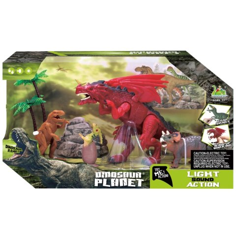 ZESTAW FIGUREK 4 DINOZAURY 2 DRZEWKA EFEKTY DŹWIĘKOWE I ŚWIETLNE IMPORT PRONICE