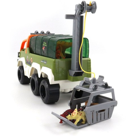 SAMOCHÓD Z DINOZAURAMI OTWIERANY DACH RUCHOMY KOSZ ŚWIATŁO DŹWIĘK FIGURKI IMPORT PRONICE