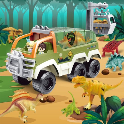 SAMOCHÓD Z DINOZAURAMI OTWIERANY DACH RUCHOMY KOSZ ŚWIATŁO DŹWIĘK FIGURKI IMPORT PRONICE