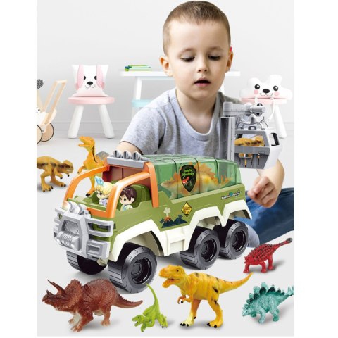 SAMOCHÓD Z DINOZAURAMI OTWIERANY DACH RUCHOMY KOSZ ŚWIATŁO DŹWIĘK FIGURKI IMPORT PRONICE