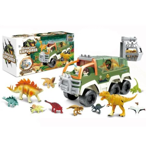 SAMOCHÓD Z DINOZAURAMI OTWIERANY DACH RUCHOMY KOSZ ŚWIATŁO DŹWIĘK FIGURKI IMPORT PRONICE