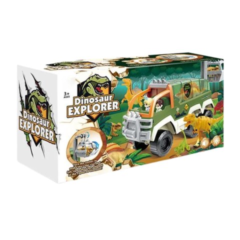 SAMOCHÓD Z DINOZAURAMI OTWIERANY DACH RUCHOMY KOSZ ŚWIATŁO DŹWIĘK FIGURKI IMPORT PRONICE