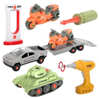 ZESTAW SAMOCHÓD DO MONTAŻU Z PRZYCZEPĄ CZOŁG MOTOR WIERTARKA ŚRUBOKRĘT IMPORT PRONICE