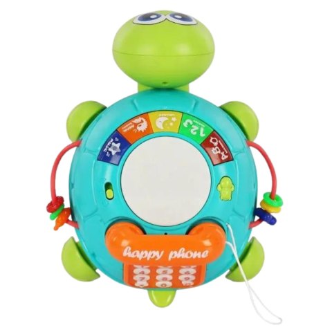 ŻÓŁW TELEFON BĘBENEK INTERAKTYWNY DŹWIĘKI MELODIE ŚWIATEŁKA CYFRY LITERKI IMPORT PRONICE