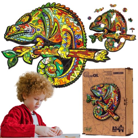 PUZZLE DREWNIANE UKŁADANKA KAMELEON KOLOROWY ZESTAW PUZZLI A3 OZDOBA PUZZLEOK PUZZLE DREWNIANE UKŁADANKA KAMELEON KOLOROWY ZESTAW PUZZLI A3 OZDOBA PUZZLEOK