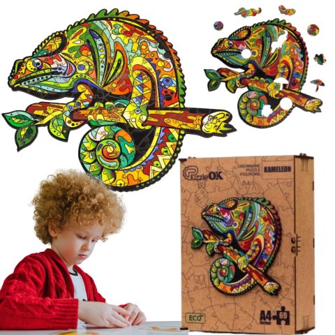 PUZZLE DREWNIANE UKŁADANKA KAMELEON KOLOROWY ZESTAW PUZZLI A4 OZDOBA PUZZLEOK PUZZLE DREWNIANE UKŁADANKA KAMELEON KOLOROWY ZESTAW PUZZLI A4 OZDOBA PUZZLEOK