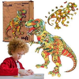 PUZZLE DREWNIANE UKŁADANKA TYRANOZAUR DINOZAUR ZESTAW PUZZLI A4 OZDOBA PUZZLEOK