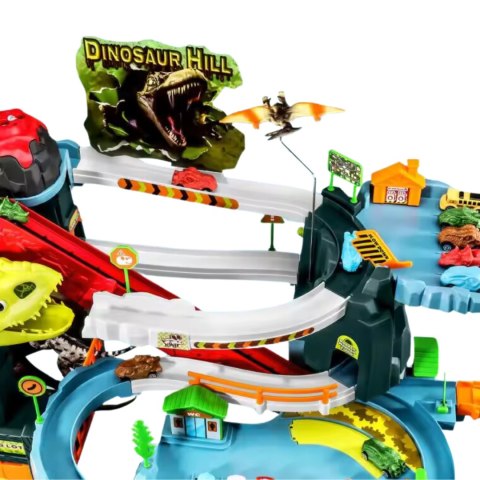 DUŻY TOR WYŚCIGOWY PARKING ERUPCJA WULKANU DINOZAURY AUTKA RUCHOMY WYCIĄG IMPORT PRONICE
