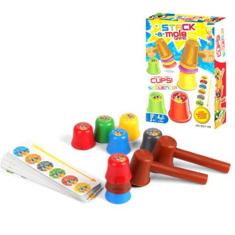 GRA ZRĘCZNOŚCIOWA LOGICZNA UŁÓŻ KUBKI W KOLEJNOŚCI MŁOTECZKI KARTY NAKLEJKI IMPORT PRONICE