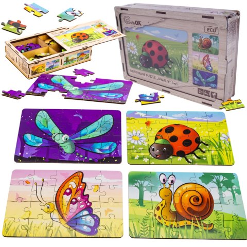 DREWNIANE PUZZLE 4W1 OWADY UKŁADANKA ZESTAW ZWIERZĄTKA BIEDRONKA ŚLIMAK PUZZLEOK