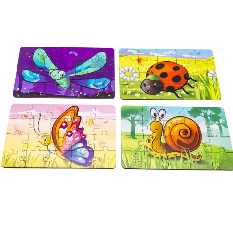 DREWNIANE PUZZLE 4W1 OWADY UKŁADANKA ZESTAW ZWIERZĄTKA BIEDRONKA ŚLIMAK PUZZLEOK