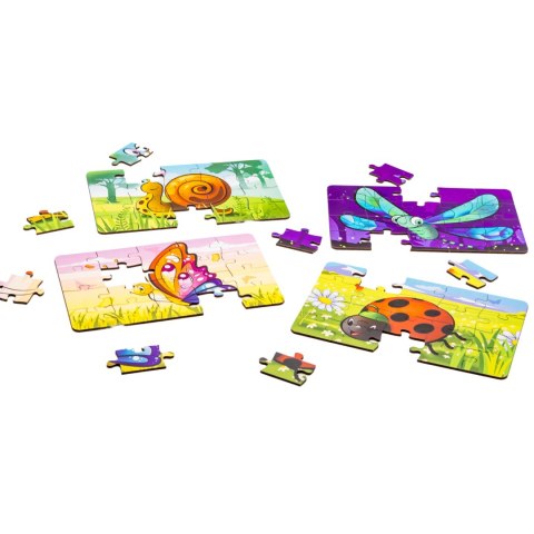 DREWNIANE PUZZLE 4W1 OWADY UKŁADANKA ZESTAW ZWIERZĄTKA BIEDRONKA ŚLIMAK PUZZLEOK