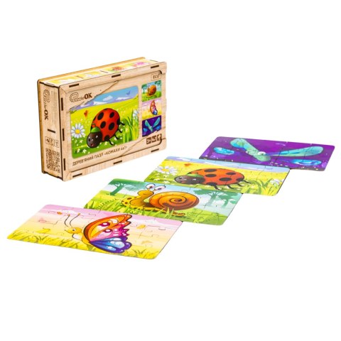 DREWNIANE PUZZLE 4W1 OWADY UKŁADANKA ZESTAW ZWIERZĄTKA BIEDRONKA ŚLIMAK PUZZLEOK