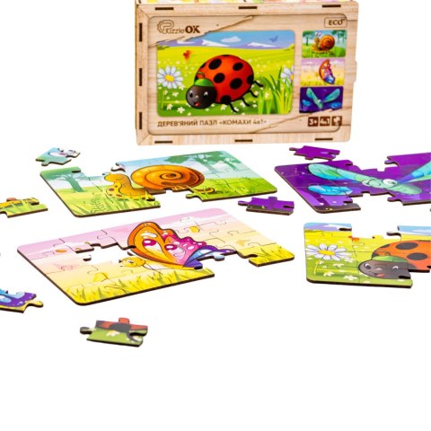 DREWNIANE PUZZLE 4W1 OWADY UKŁADANKA ZESTAW ZWIERZĄTKA BIEDRONKA ŚLIMAK PUZZLEOK