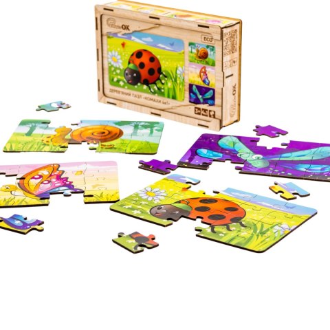 DREWNIANE PUZZLE 4W1 OWADY UKŁADANKA ZESTAW ZWIERZĄTKA BIEDRONKA ŚLIMAK PUZZLEOK
