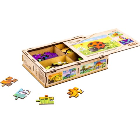 DREWNIANE PUZZLE 4W1 OWADY UKŁADANKA ZESTAW ZWIERZĄTKA BIEDRONKA ŚLIMAK PUZZLEOK