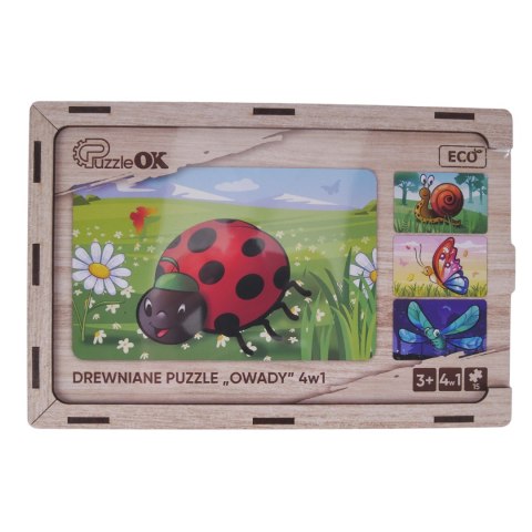 DREWNIANE PUZZLE 4W1 OWADY UKŁADANKA ZESTAW ZWIERZĄTKA BIEDRONKA ŚLIMAK PUZZLEOK