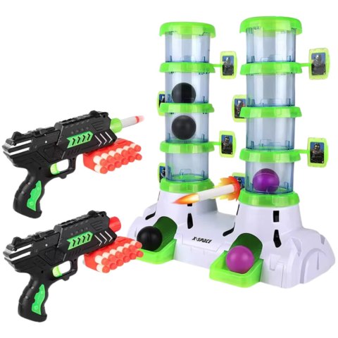 GRA ZRĘCZNOŚCIOWA STRZELANIE DO CELU 2 WIEŻE PISTOLET ŚWIECI W CIEMNOŚCI IMPORT PRONICE