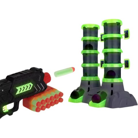 GRA ZRĘCZNOŚCIOWA STRZELANIE DO CELU 2 WIEŻE PISTOLET ŚWIECI W CIEMNOŚCI IMPORT PRONICE