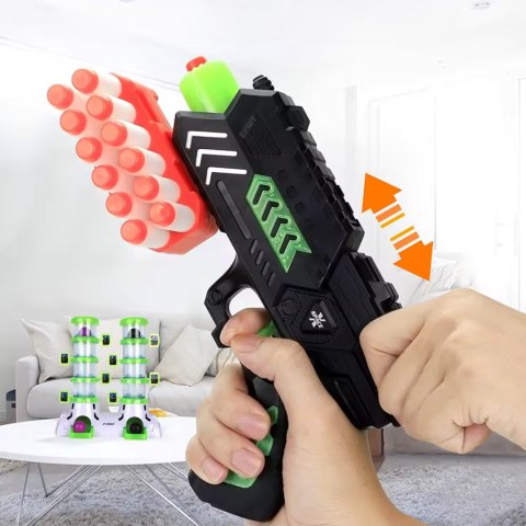 GRA ZRĘCZNOŚCIOWA STRZELANIE DO CELU 2 WIEŻE PISTOLET ŚWIECI W CIEMNOŚCI IMPORT PRONICE